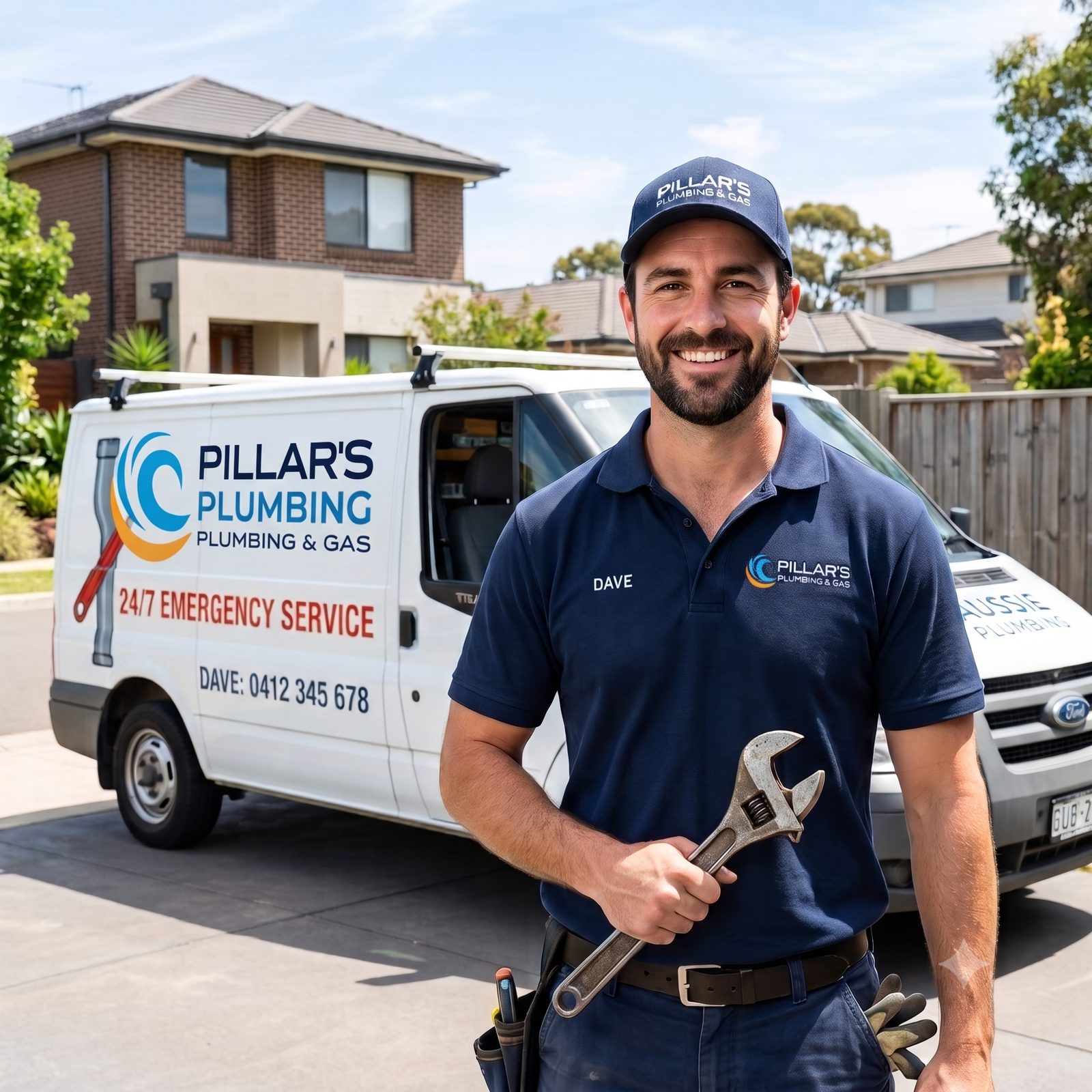 Professional Plumber in front of service van
